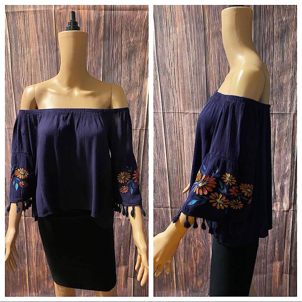 Love Tree size small boho tassel navy blue orange red floral embroidered top
